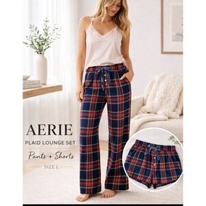 Aerie Plaid Lounge Set L Pants Shorts Pajama Cozy Preppy Elastic Waist Sleepwear